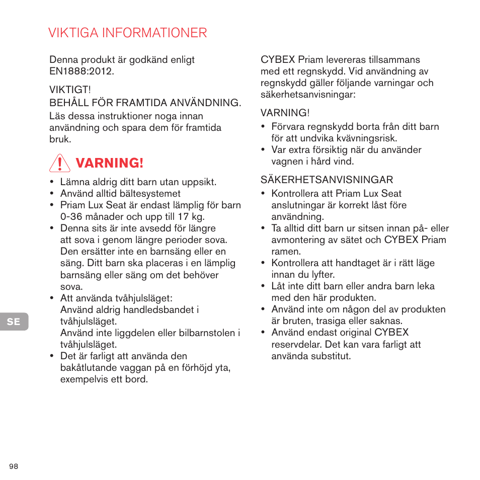 Viktiga informationer, Varning | Cybex PRIAM LUX SEAT User Manual | Page 95 / 119