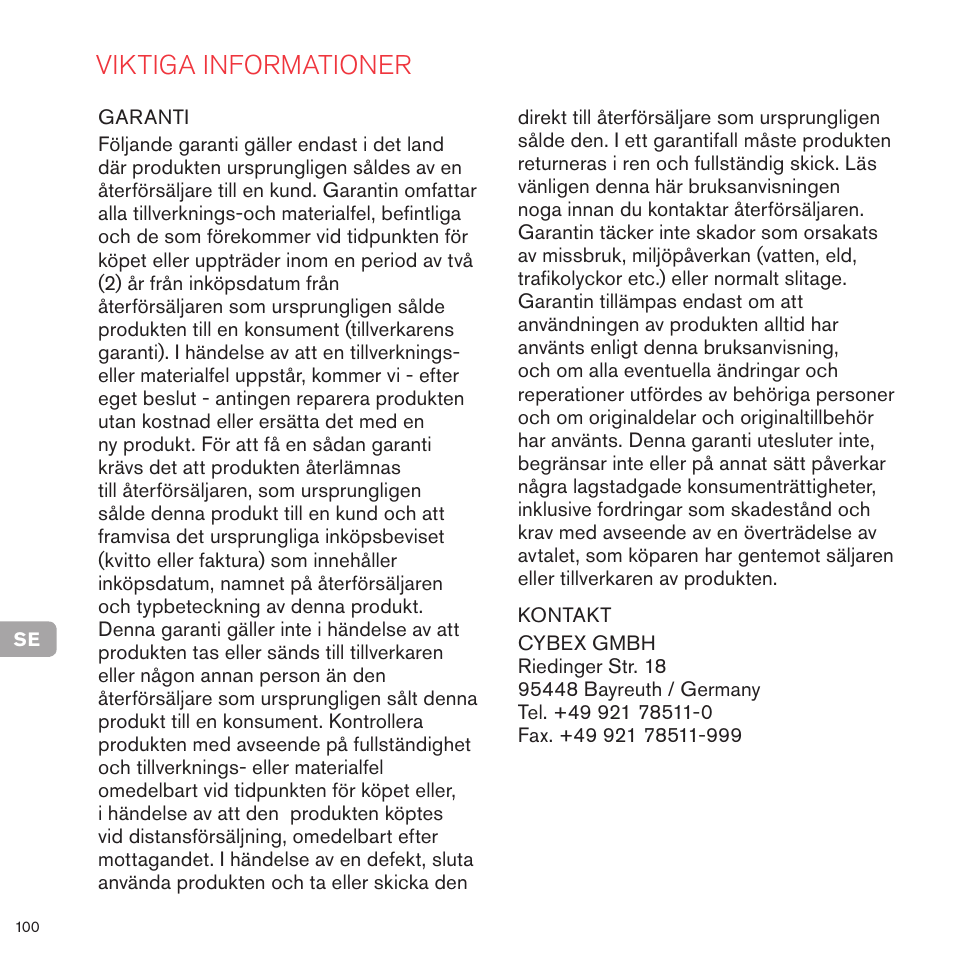 Viktiga informationer | Cybex PRIAM LUX SEAT User Manual | Page 97 / 119