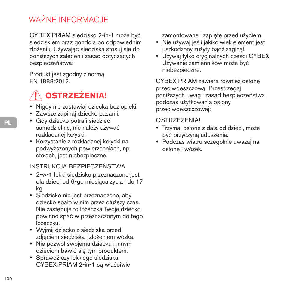 Ważne informacje, Ostrzeżenia | Cybex PRIAM 2-IN-1 LIGHT SEAT User Manual | Page 100 / 169