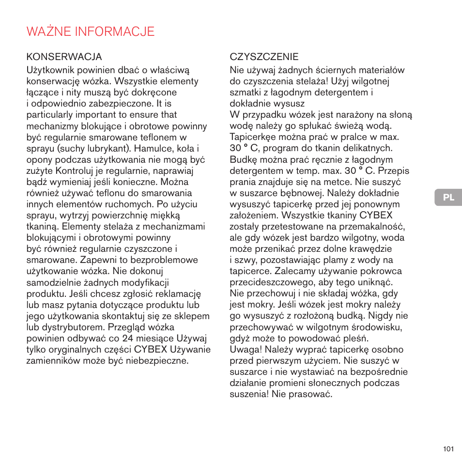 Ważne informacje | Cybex PRIAM 2-IN-1 LIGHT SEAT User Manual | Page 101 / 169