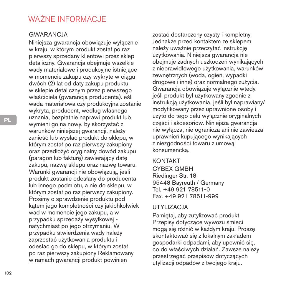 Ważne informacje | Cybex PRIAM 2-IN-1 LIGHT SEAT User Manual | Page 102 / 169