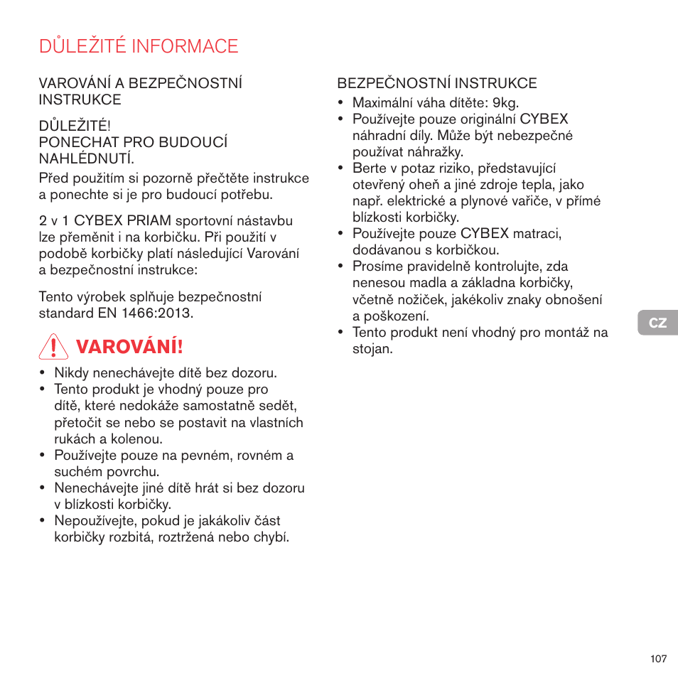 Důležité informace, Varování | Cybex PRIAM 2-IN-1 LIGHT SEAT User Manual | Page 106 / 169