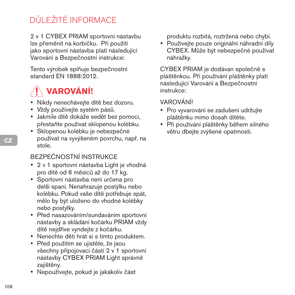 Důležité informace, Varování | Cybex PRIAM 2-IN-1 LIGHT SEAT User Manual | Page 107 / 169