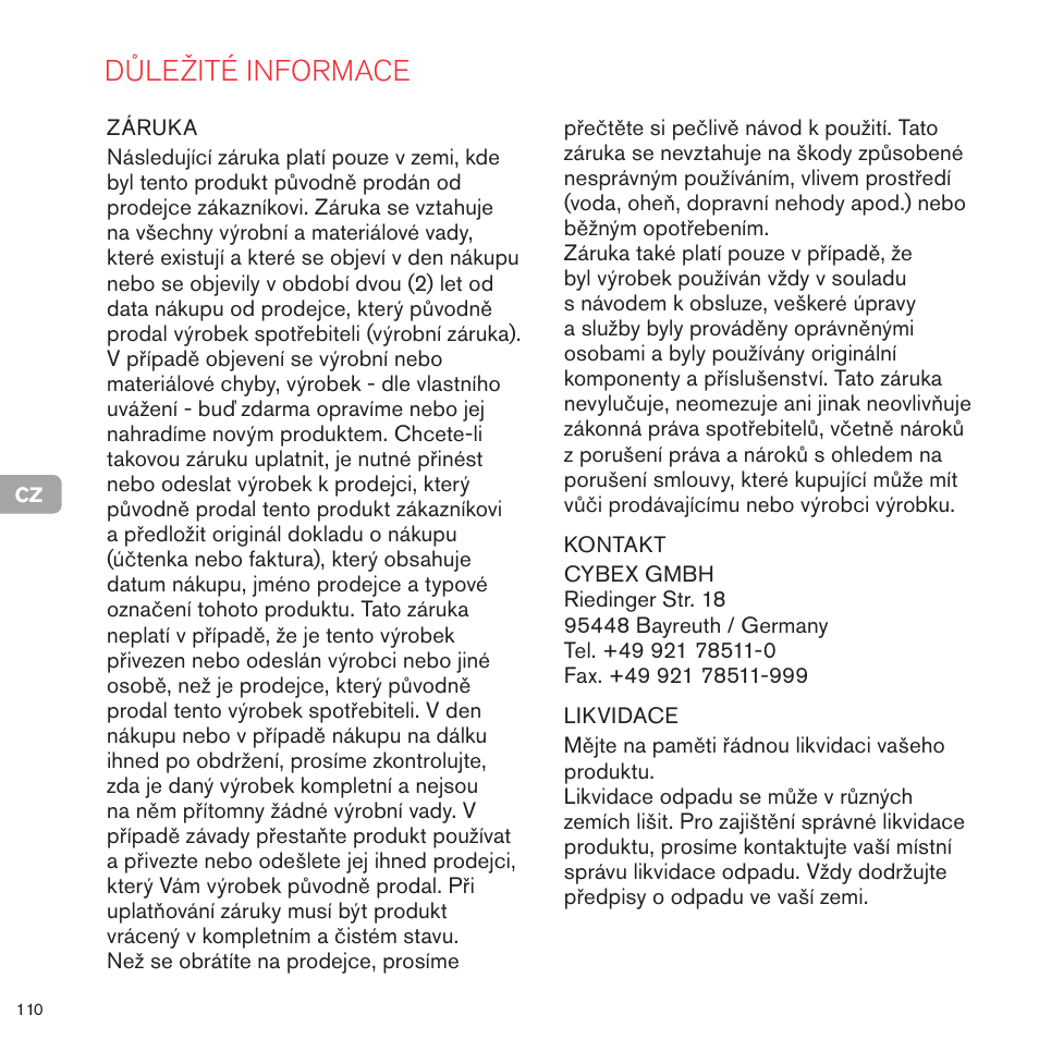 Důležité informace | Cybex PRIAM 2-IN-1 LIGHT SEAT User Manual | Page 109 / 169