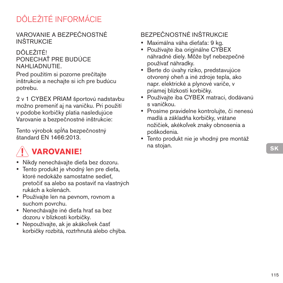 Dôležité informácie, Varovanie | Cybex PRIAM 2-IN-1 LIGHT SEAT User Manual | Page 113 / 169
