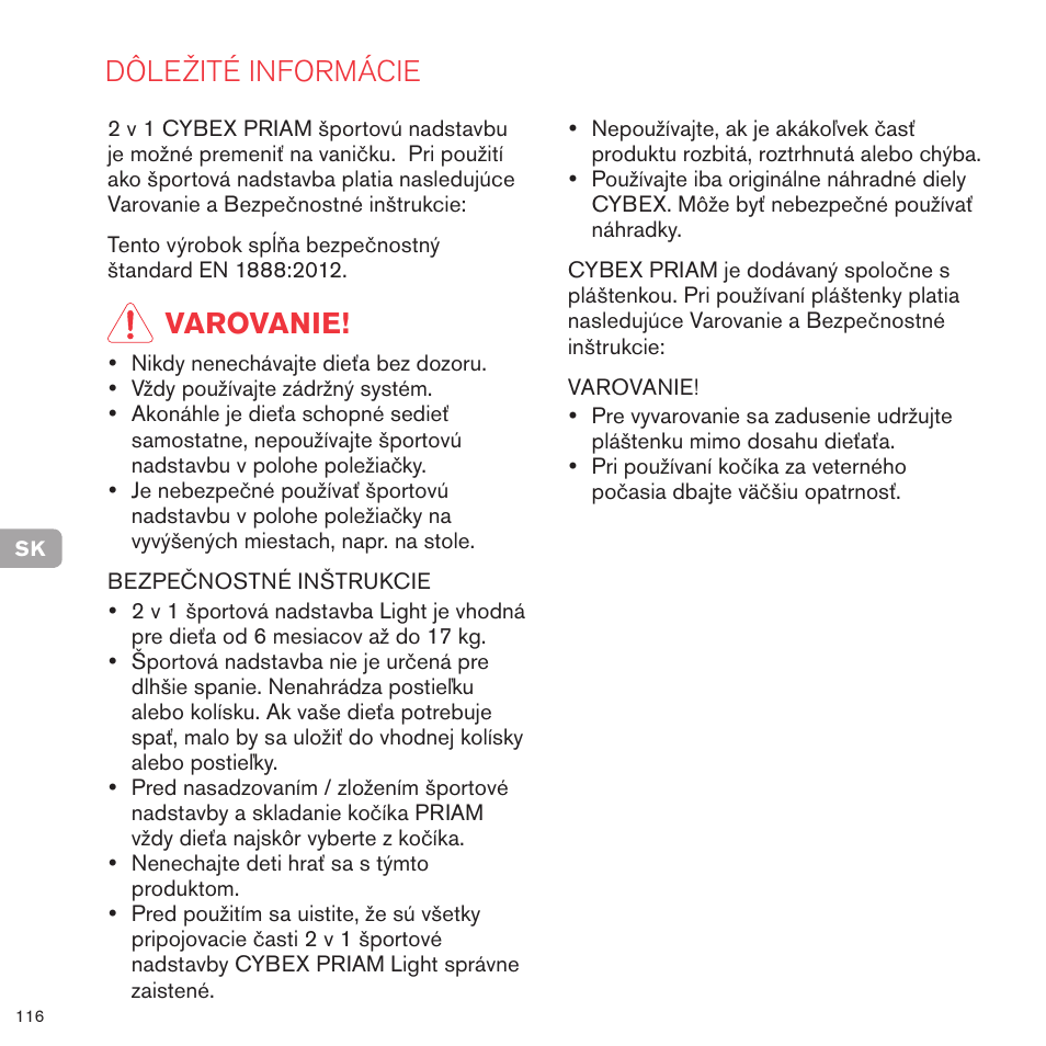 Dôležité informácie, Varovanie | Cybex PRIAM 2-IN-1 LIGHT SEAT User Manual | Page 114 / 169
