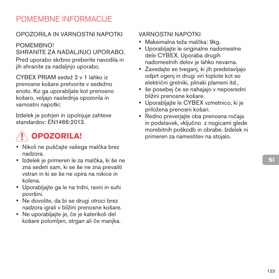 Pomembne informacije, Opozorila | Cybex PRIAM 2-IN-1 LIGHT SEAT User Manual | Page 121 / 169