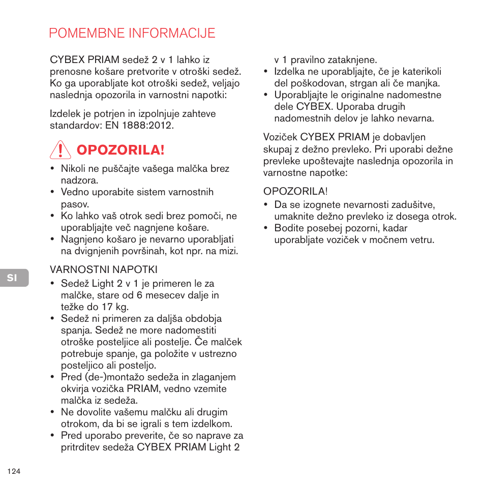 Pomembne informacije, Opozorila | Cybex PRIAM 2-IN-1 LIGHT SEAT User Manual | Page 122 / 169