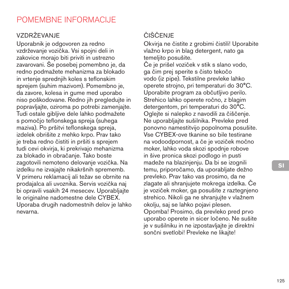 Pomembne informacije | Cybex PRIAM 2-IN-1 LIGHT SEAT User Manual | Page 123 / 169