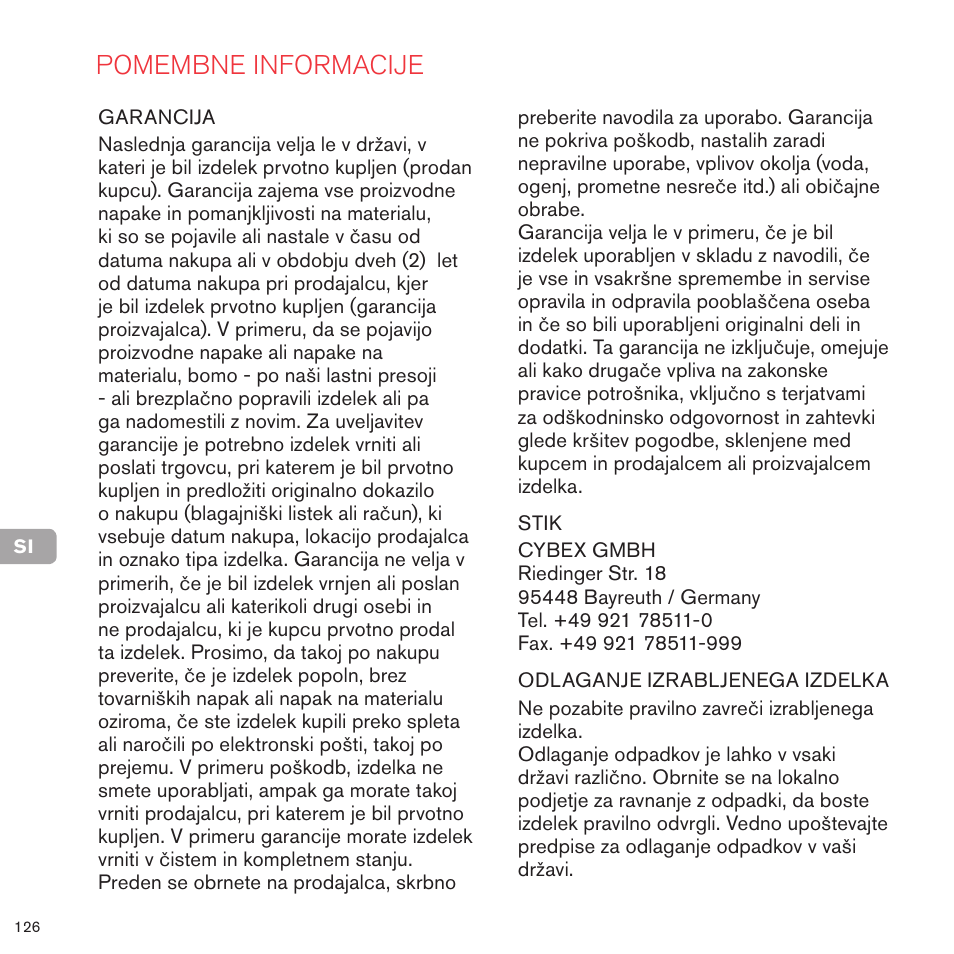 Pomembne informacije | Cybex PRIAM 2-IN-1 LIGHT SEAT User Manual | Page 124 / 169