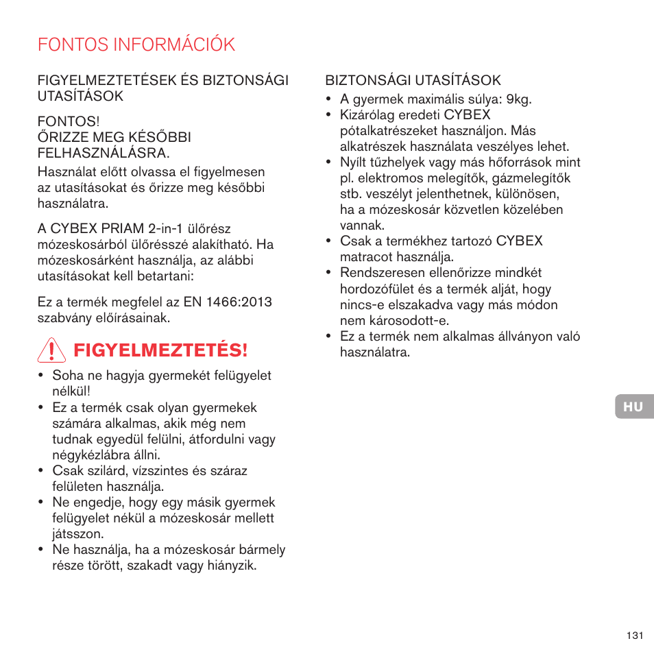 Fontos információk, Figyelmeztetés | Cybex PRIAM 2-IN-1 LIGHT SEAT User Manual | Page 128 / 169
