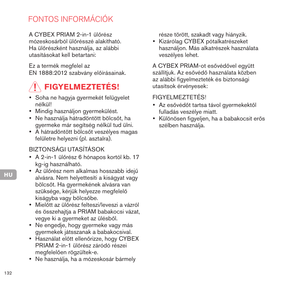 Fontos információk, Figyelmeztetés | Cybex PRIAM 2-IN-1 LIGHT SEAT User Manual | Page 129 / 169