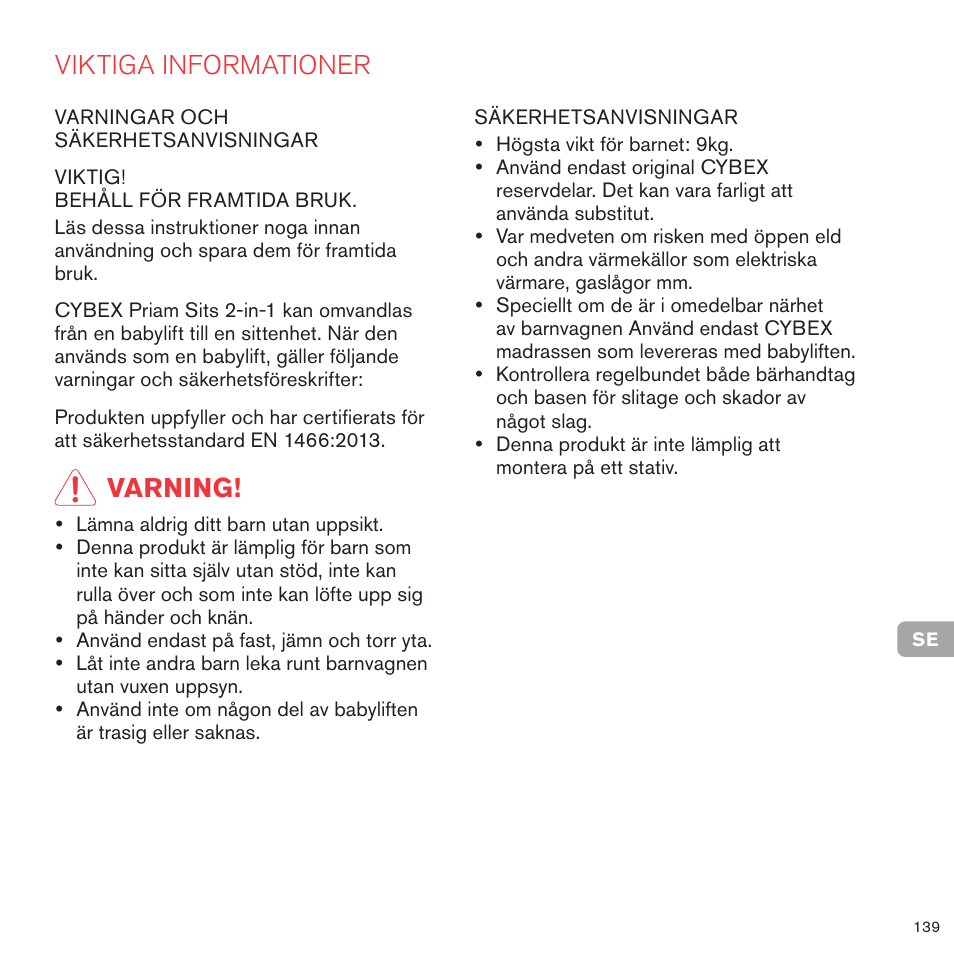Viktiga informationer, Varning | Cybex PRIAM 2-IN-1 LIGHT SEAT User Manual | Page 136 / 169