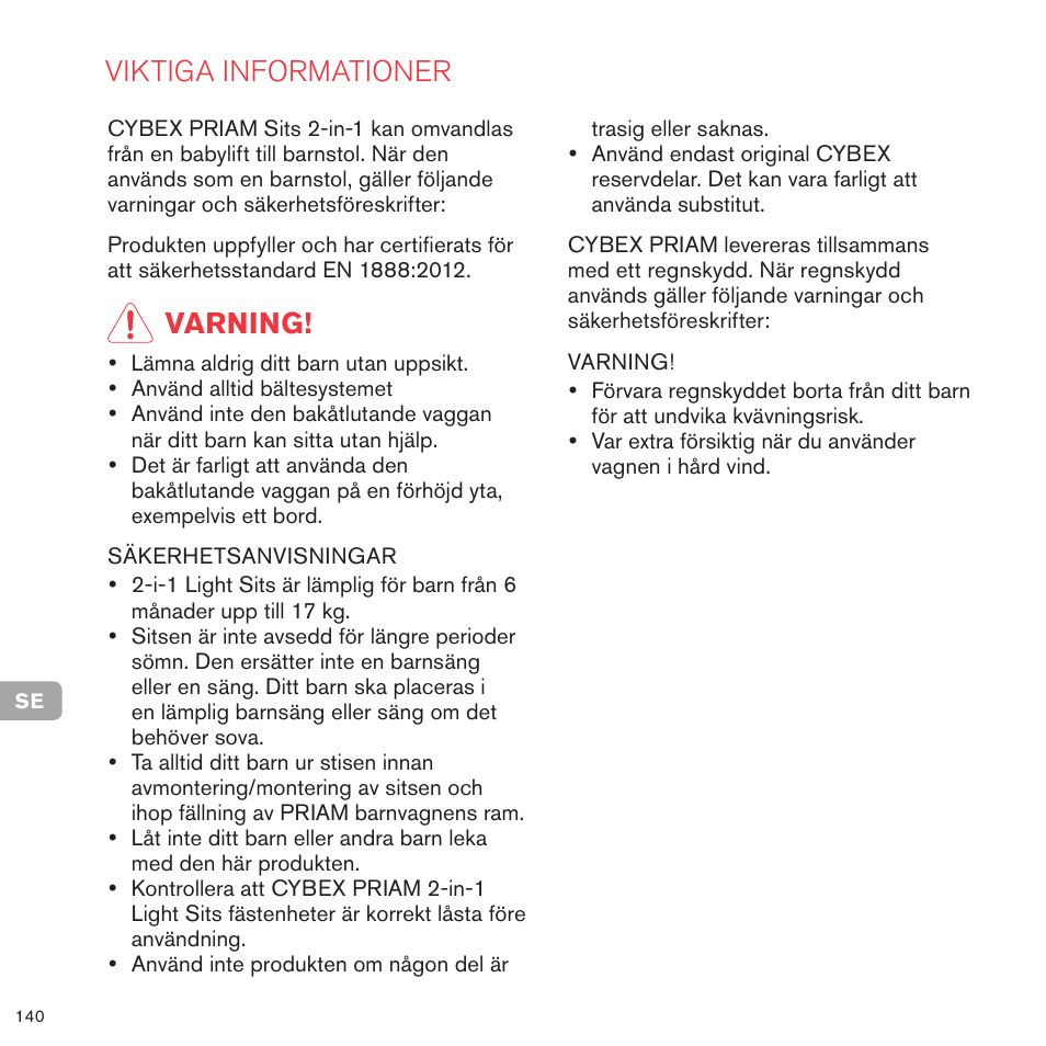 Viktiga informationer, Varning | Cybex PRIAM 2-IN-1 LIGHT SEAT User Manual | Page 137 / 169