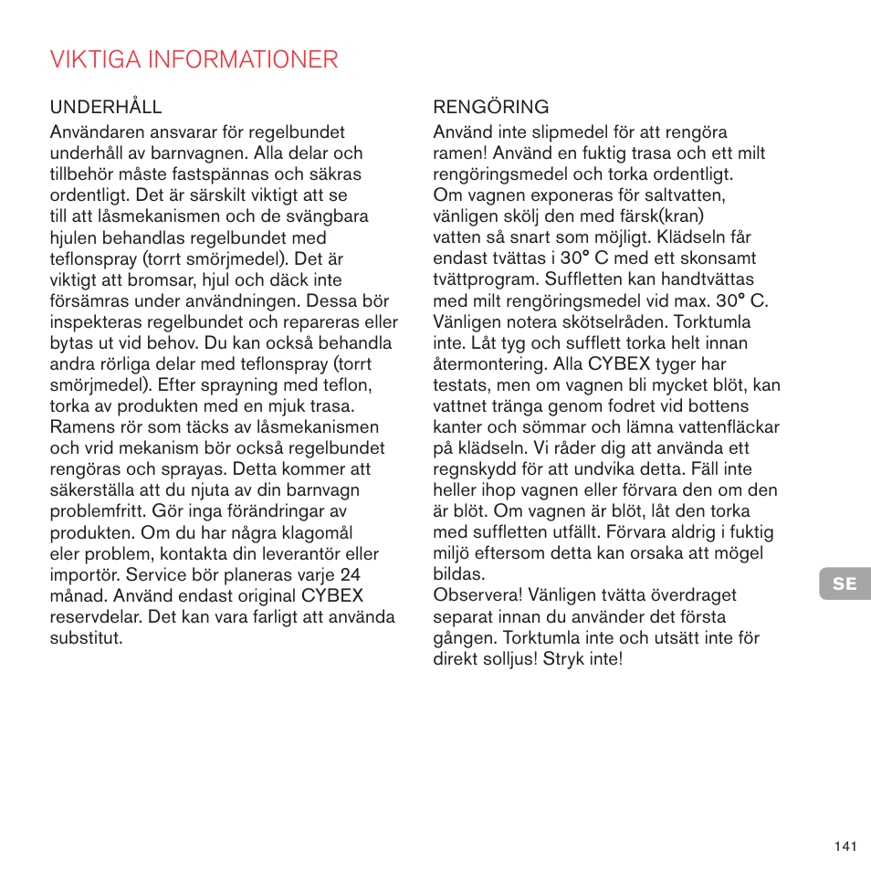 Viktiga informationer | Cybex PRIAM 2-IN-1 LIGHT SEAT User Manual | Page 138 / 169
