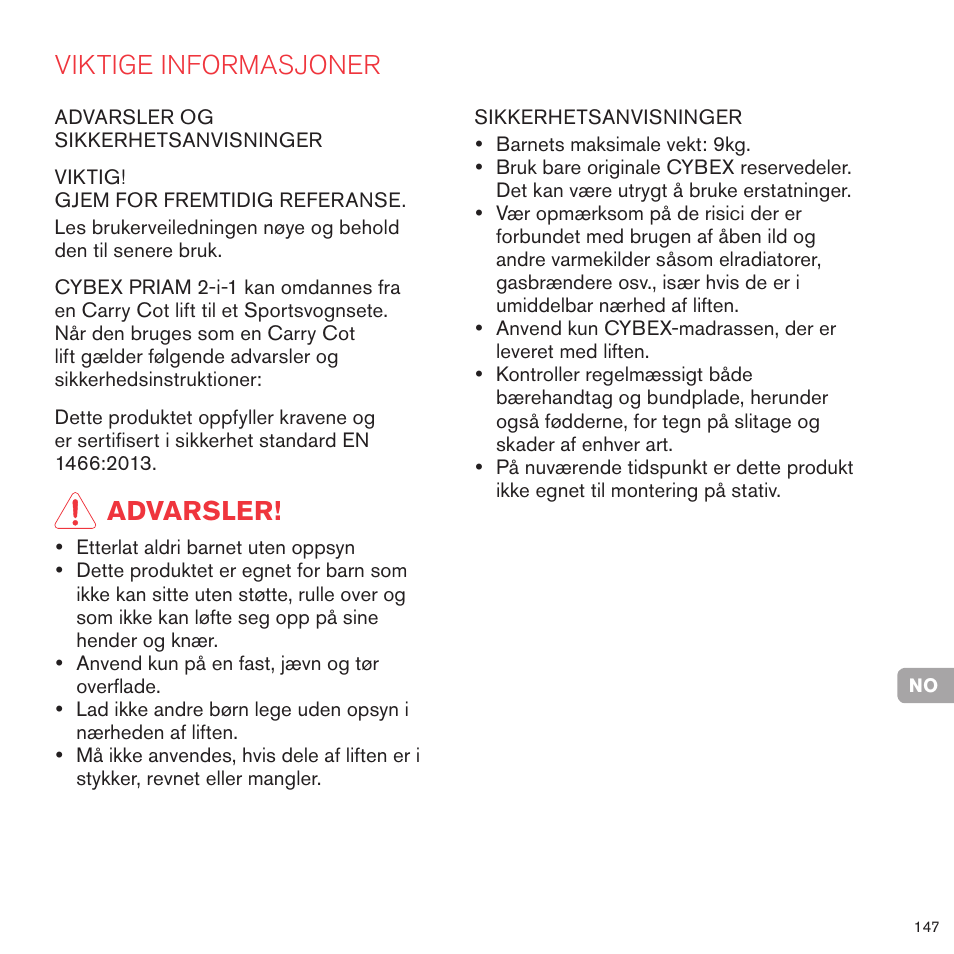 Viktige informasjoner, Advarsler | Cybex PRIAM 2-IN-1 LIGHT SEAT User Manual | Page 144 / 169