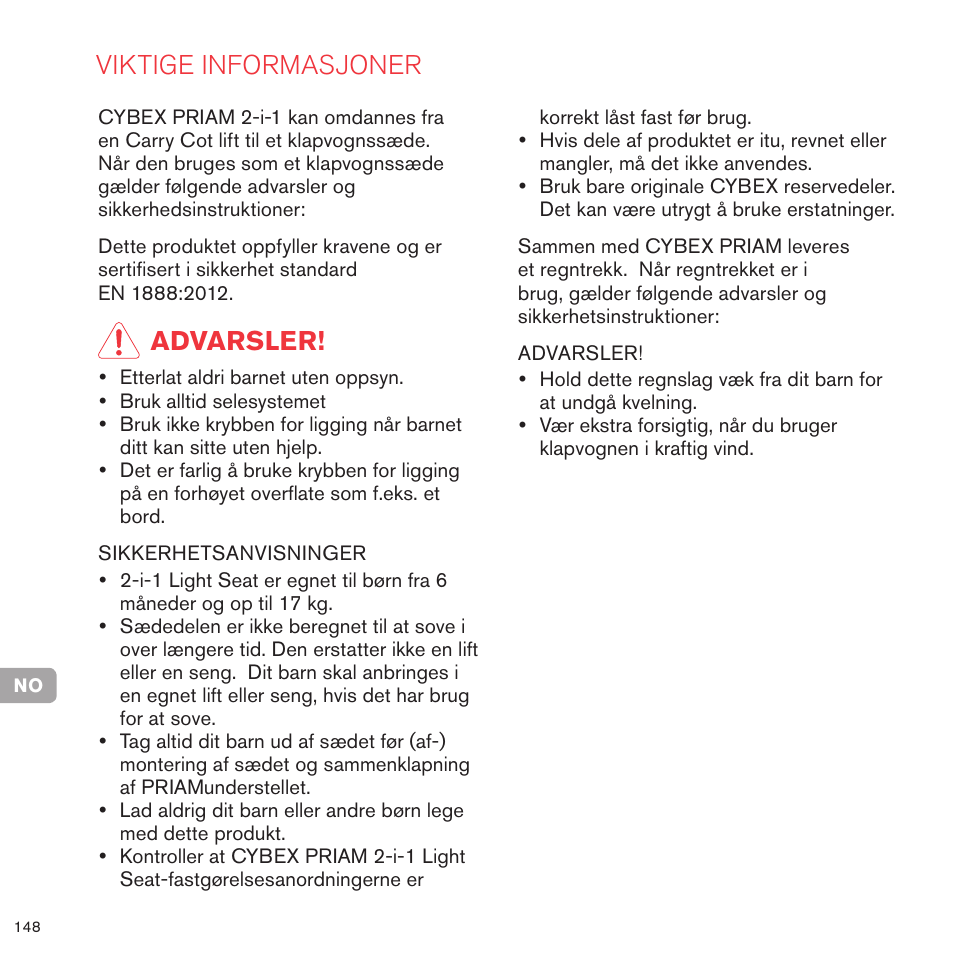 Viktige informasjoner, Advarsler | Cybex PRIAM 2-IN-1 LIGHT SEAT User Manual | Page 145 / 169