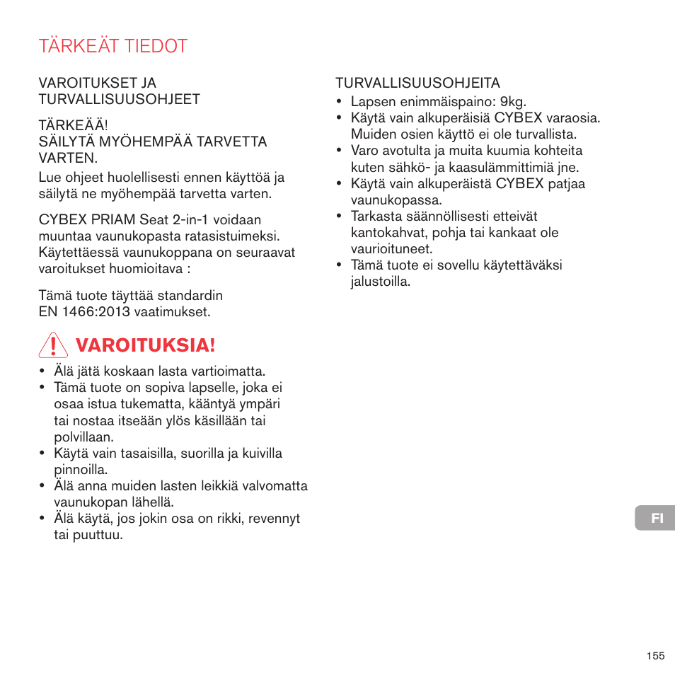 Tärkeät tiedot, Varoituksia | Cybex PRIAM 2-IN-1 LIGHT SEAT User Manual | Page 152 / 169