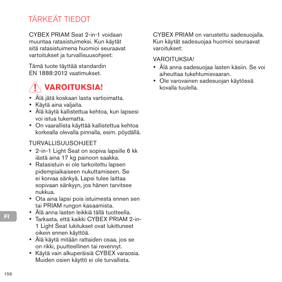Tärkeät tiedot, Varoituksia | Cybex PRIAM 2-IN-1 LIGHT SEAT User Manual | Page 153 / 169