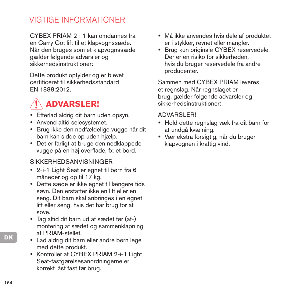 Vigtige informationer, Advarsler | Cybex PRIAM 2-IN-1 LIGHT SEAT User Manual | Page 160 / 169