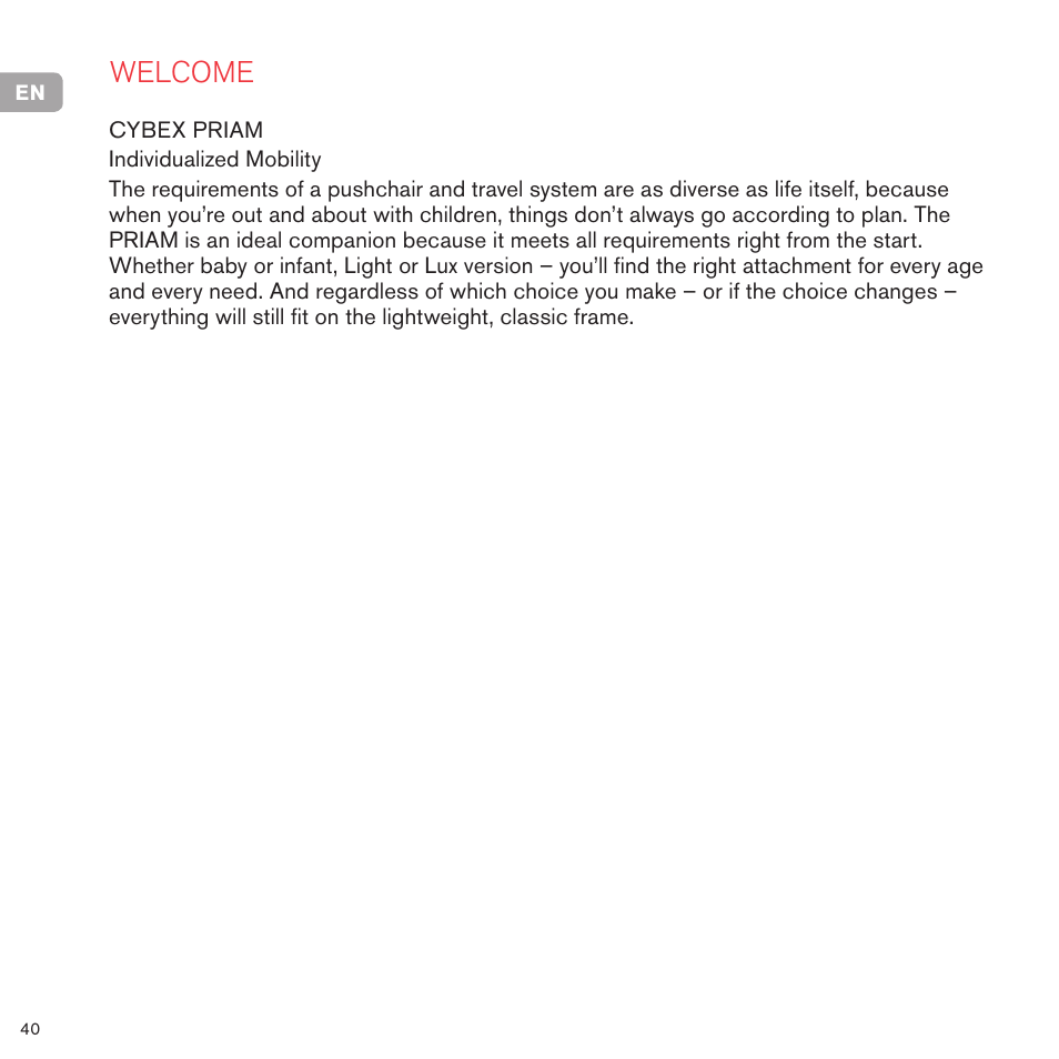 Welcome | Cybex PRIAM 2-IN-1 LIGHT SEAT User Manual | Page 40 / 169