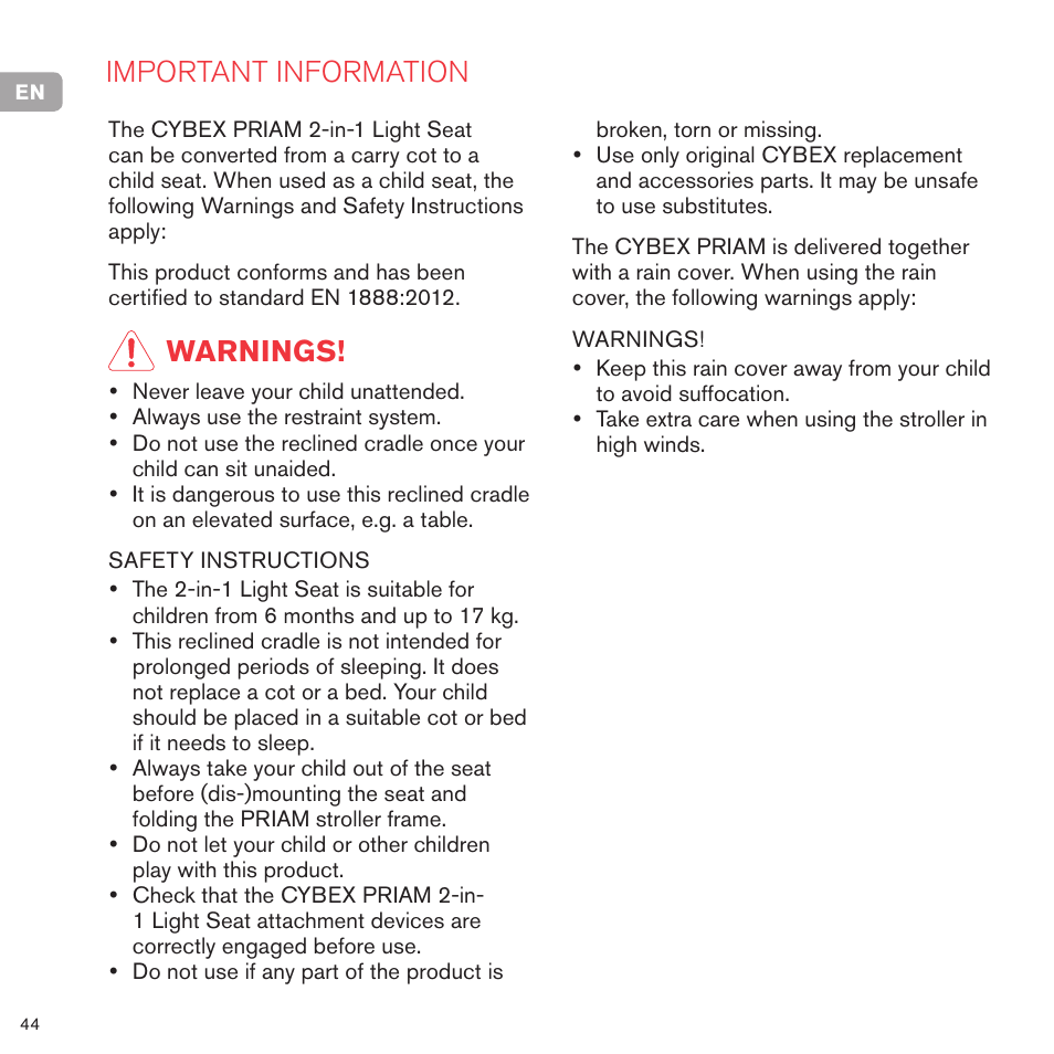 Important information, Warnings | Cybex PRIAM 2-IN-1 LIGHT SEAT User Manual | Page 44 / 169