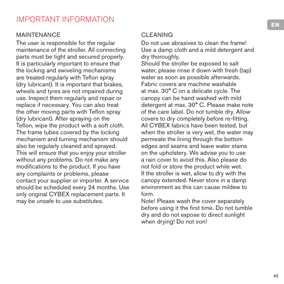 Important information | Cybex PRIAM 2-IN-1 LIGHT SEAT User Manual | Page 45 / 169