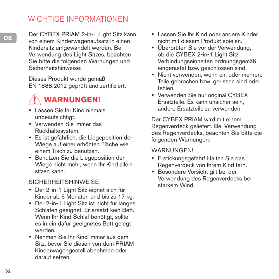Wichtige informationen, Warnungen | Cybex PRIAM 2-IN-1 LIGHT SEAT User Manual | Page 52 / 169