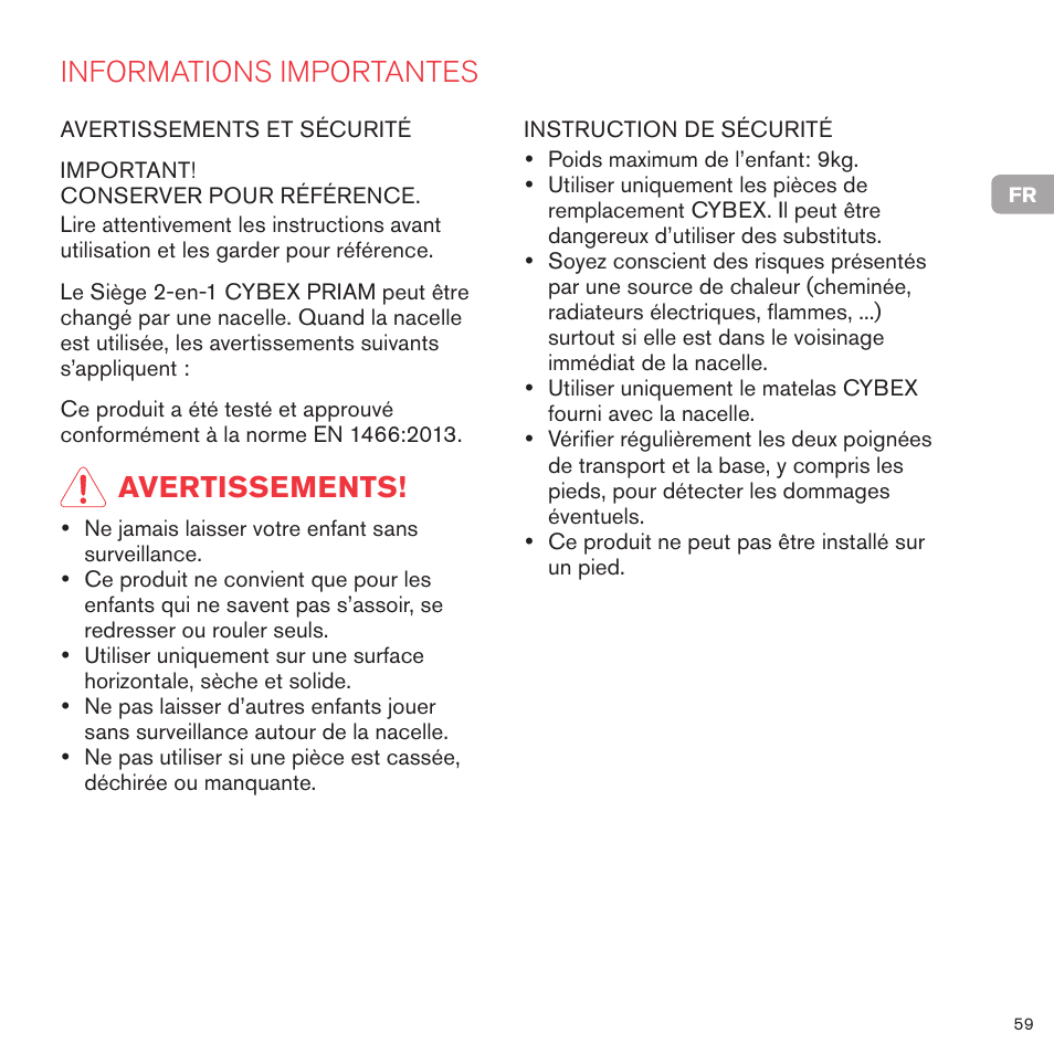 Informations importantes, Avertissements | Cybex PRIAM 2-IN-1 LIGHT SEAT User Manual | Page 59 / 169