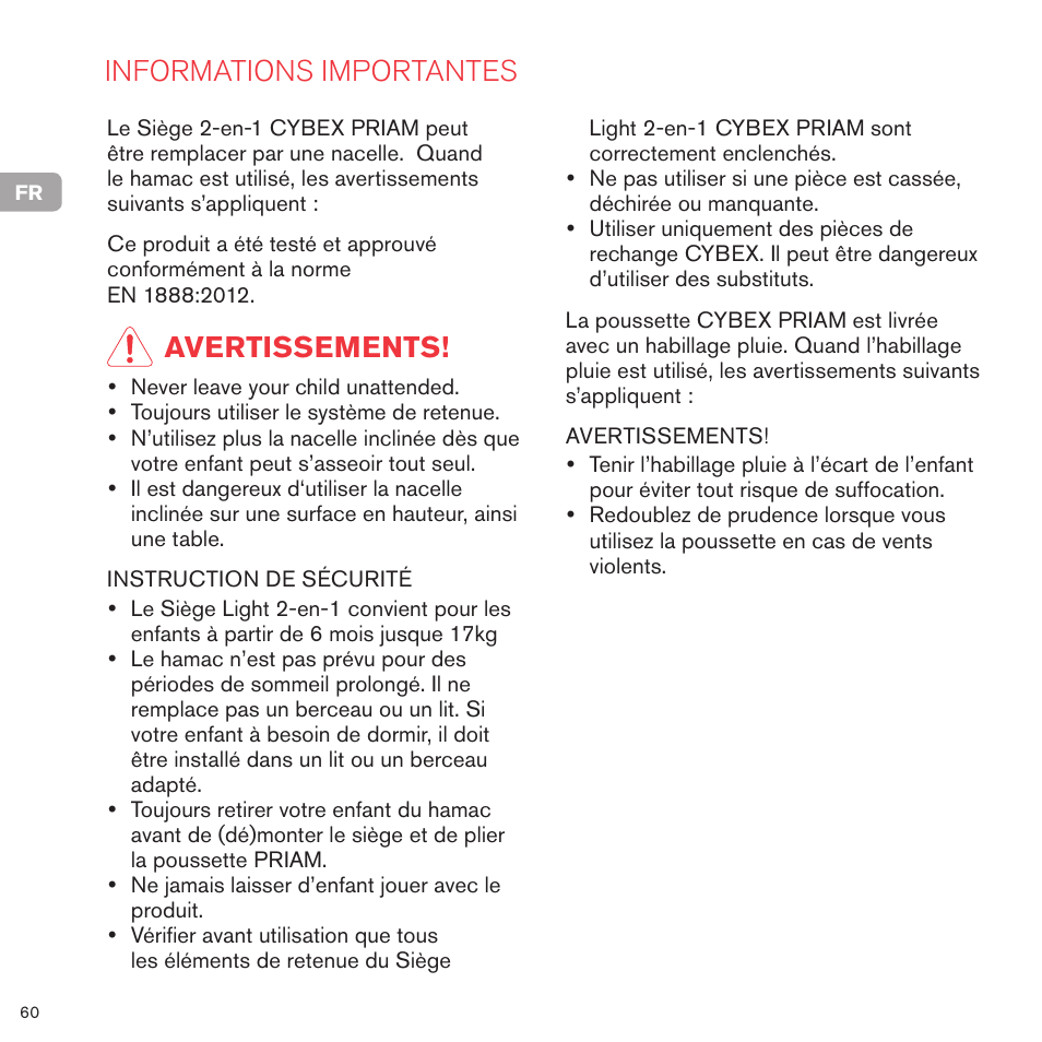 Informations importantes, Avertissements | Cybex PRIAM 2-IN-1 LIGHT SEAT User Manual | Page 60 / 169