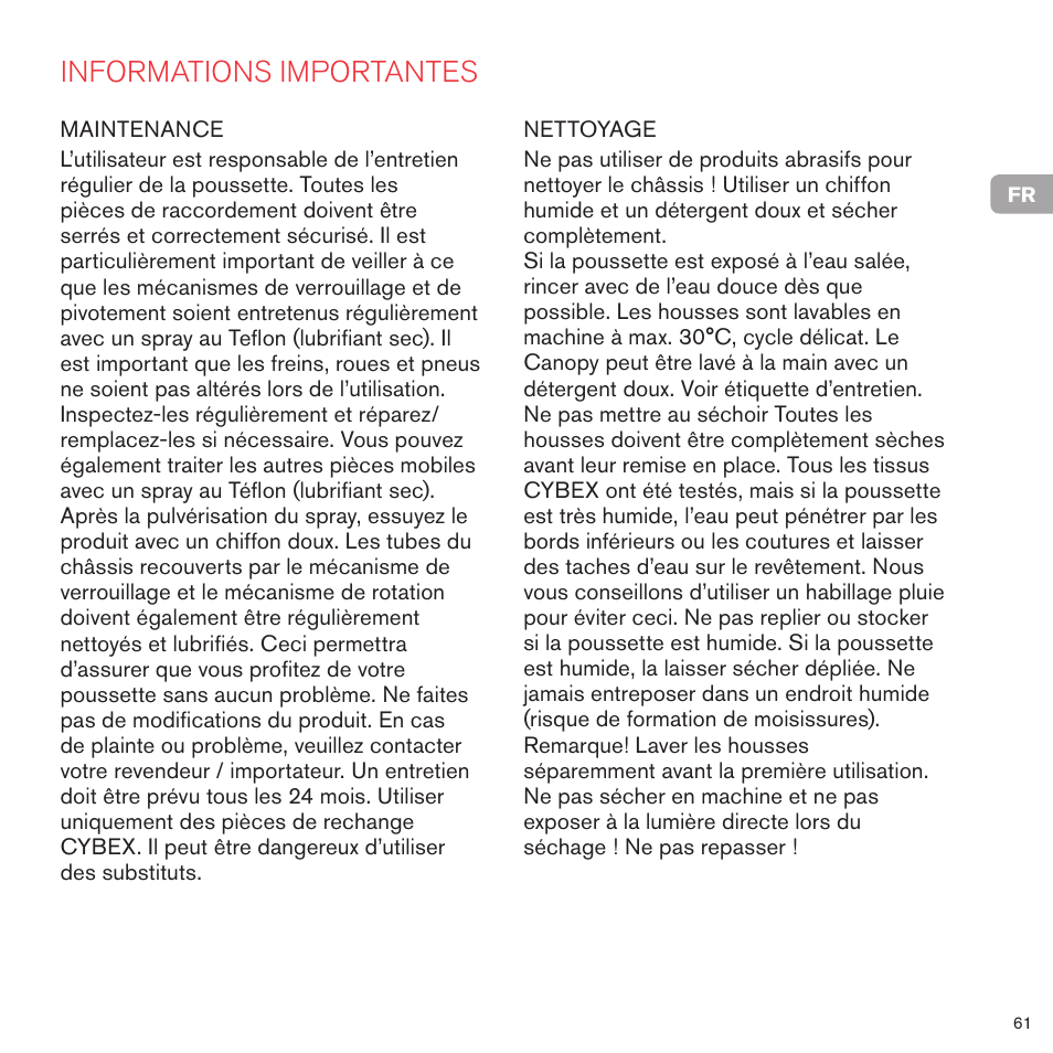 Informations importantes | Cybex PRIAM 2-IN-1 LIGHT SEAT User Manual | Page 61 / 169