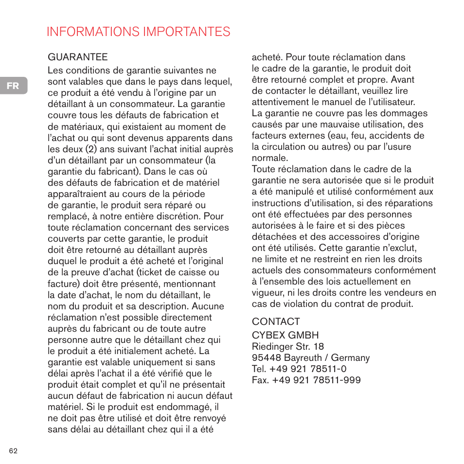Informations importantes | Cybex PRIAM 2-IN-1 LIGHT SEAT User Manual | Page 62 / 169