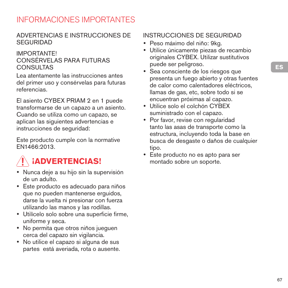 Informaciones importantes, Advertencias | Cybex PRIAM 2-IN-1 LIGHT SEAT User Manual | Page 67 / 169