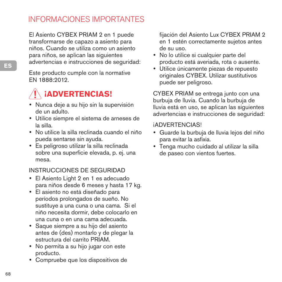 Informaciones importantes, Advertencias | Cybex PRIAM 2-IN-1 LIGHT SEAT User Manual | Page 68 / 169