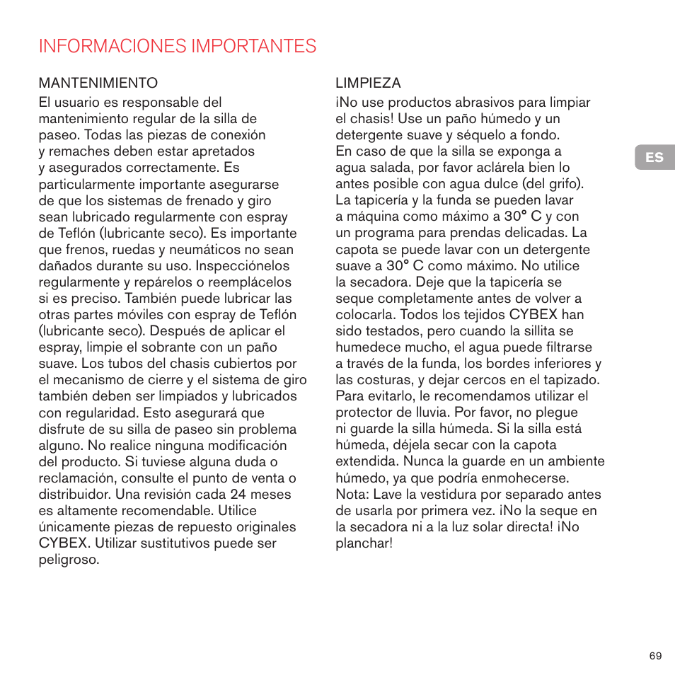 Informaciones importantes | Cybex PRIAM 2-IN-1 LIGHT SEAT User Manual | Page 69 / 169