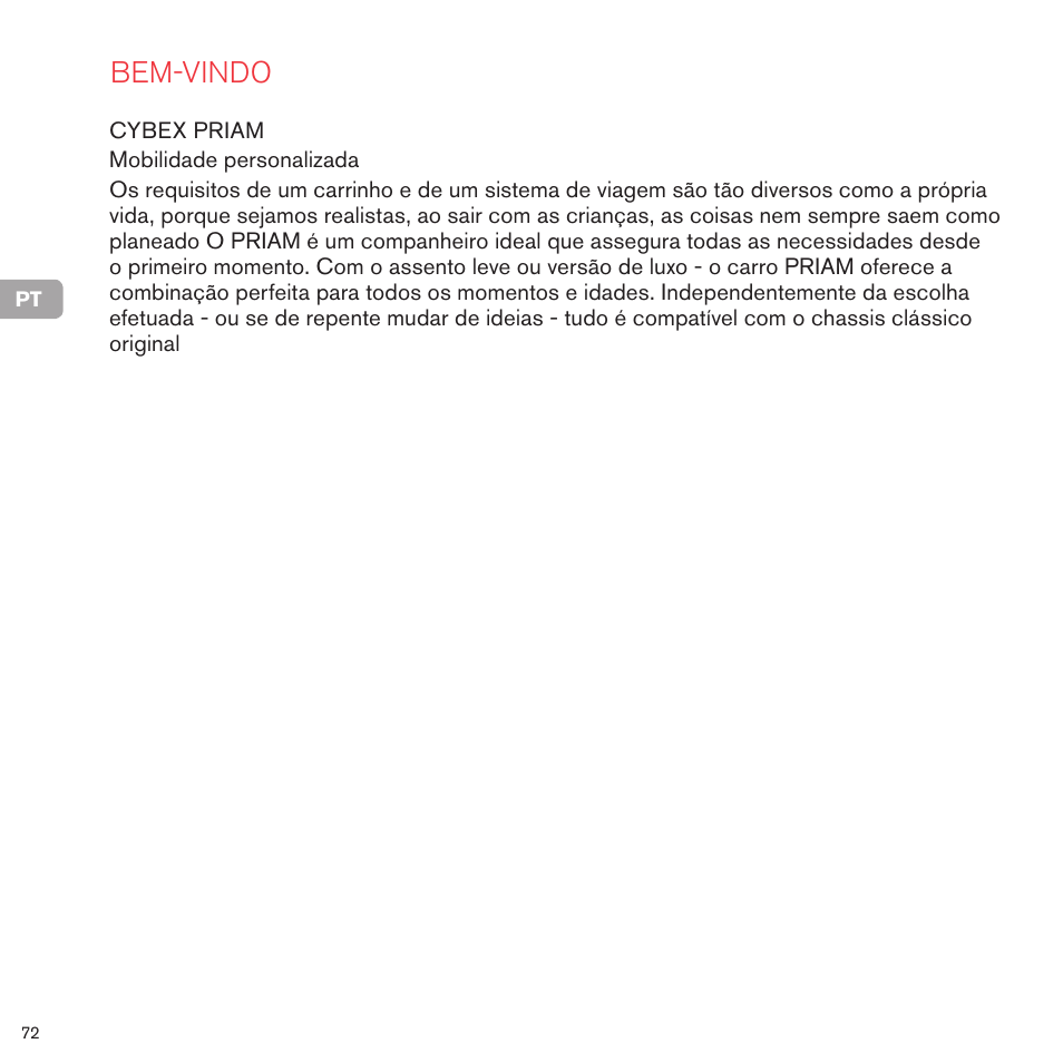 Bem-vindo | Cybex PRIAM 2-IN-1 LIGHT SEAT User Manual | Page 72 / 169
