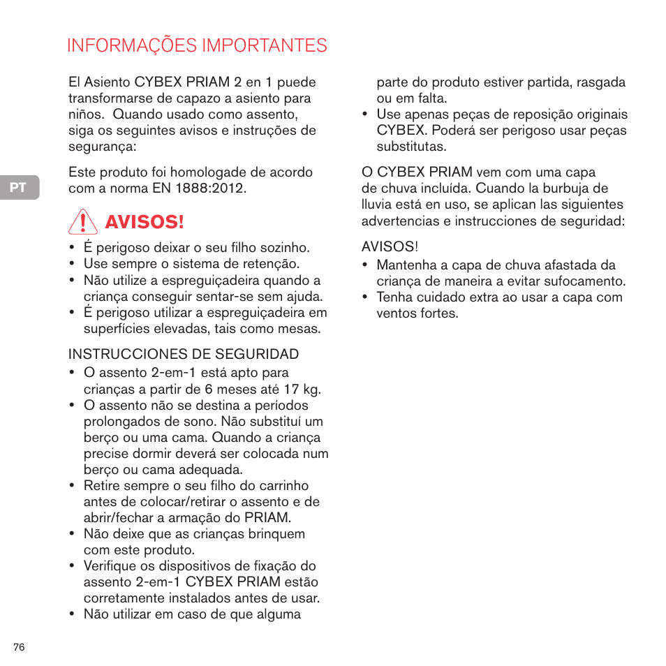 Informações importantes, Avisos | Cybex PRIAM 2-IN-1 LIGHT SEAT User Manual | Page 76 / 169