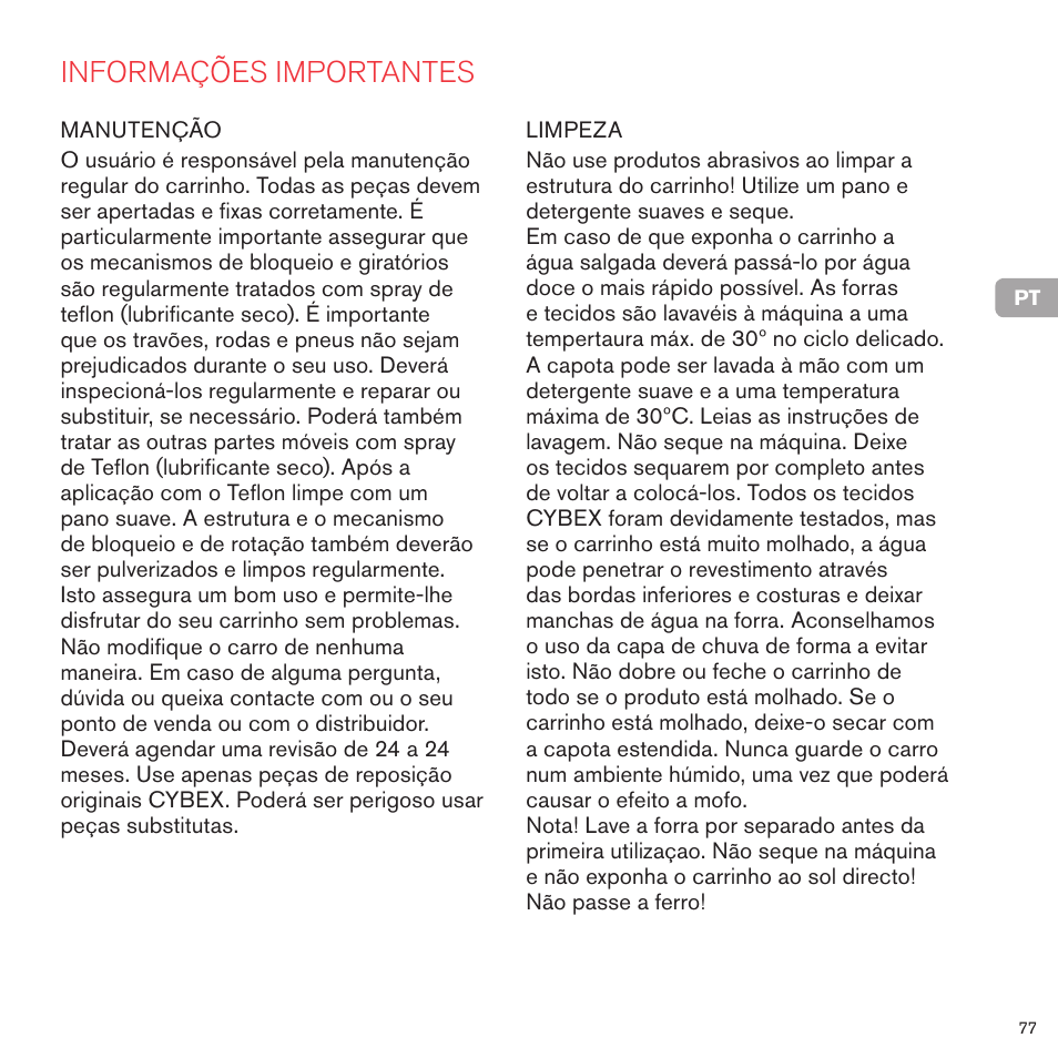 Informações importantes | Cybex PRIAM 2-IN-1 LIGHT SEAT User Manual | Page 77 / 169