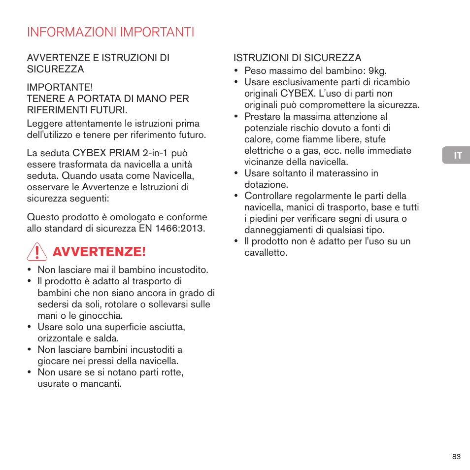Informazioni importanti, Avvertenze | Cybex PRIAM 2-IN-1 LIGHT SEAT User Manual | Page 83 / 169