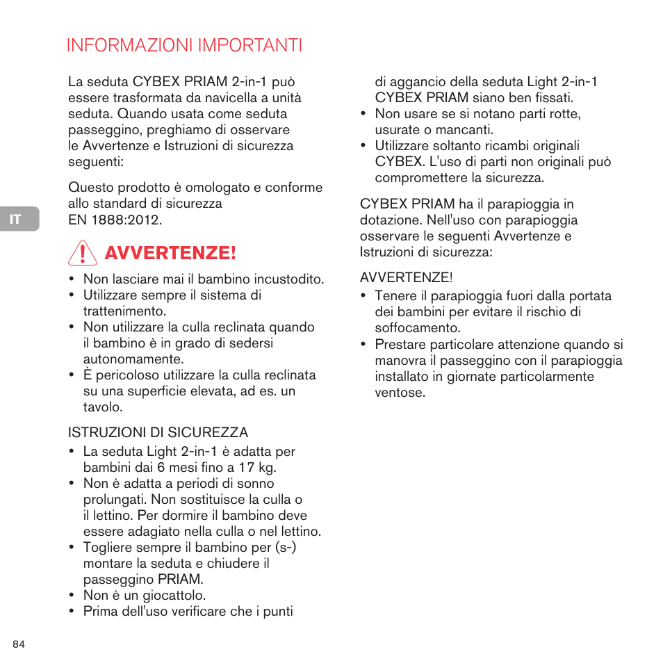 Informazioni importanti, Avvertenze | Cybex PRIAM 2-IN-1 LIGHT SEAT User Manual | Page 84 / 169