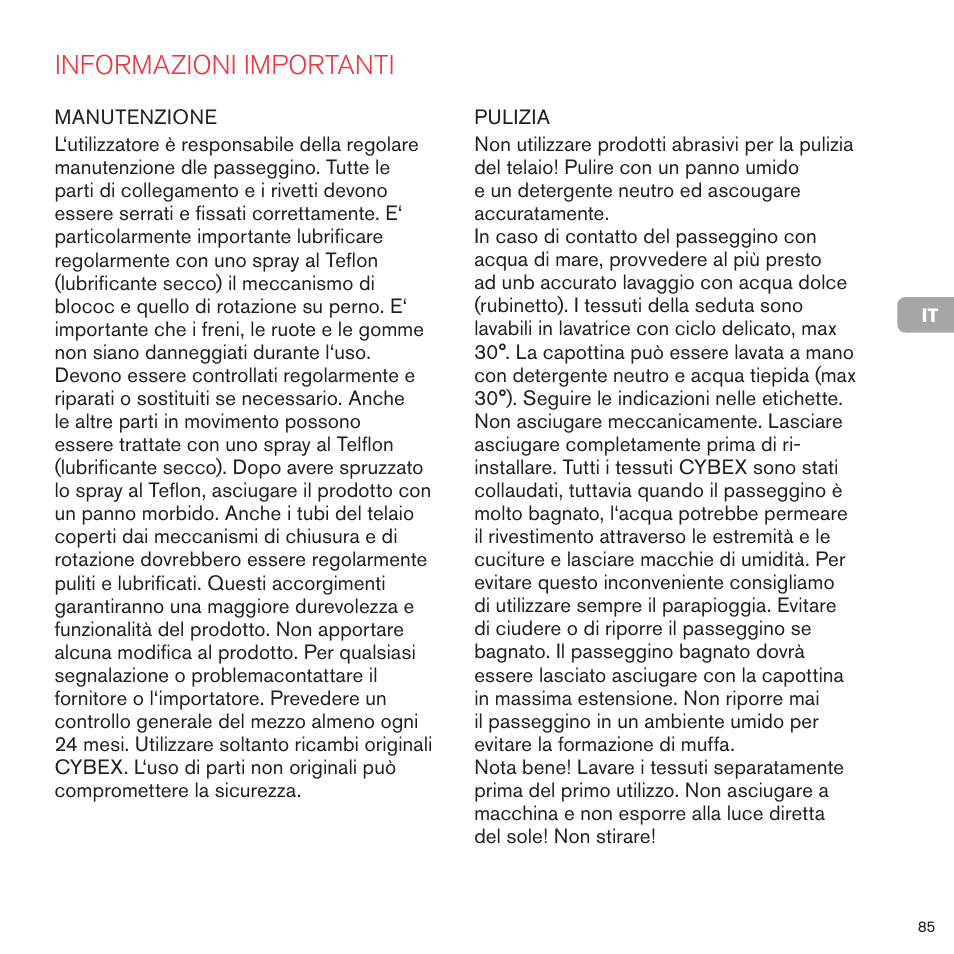 Informazioni importanti | Cybex PRIAM 2-IN-1 LIGHT SEAT User Manual | Page 85 / 169