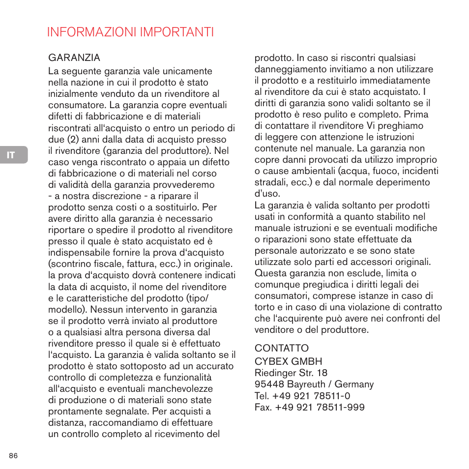 Informazioni importanti | Cybex PRIAM 2-IN-1 LIGHT SEAT User Manual | Page 86 / 169