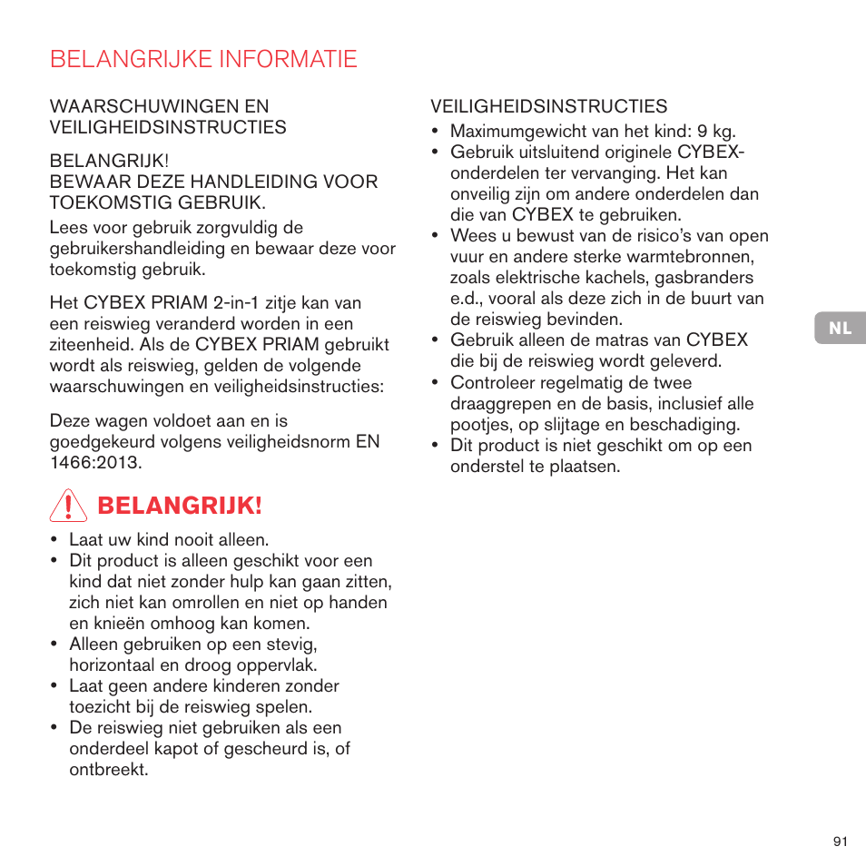 Belangrijke informatie, Belangrijk | Cybex PRIAM 2-IN-1 LIGHT SEAT User Manual | Page 91 / 169