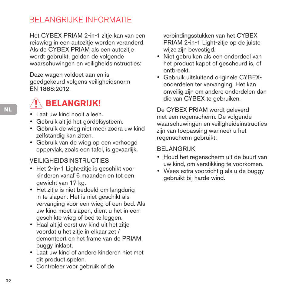 Belangrijke informatie, Belangrijk | Cybex PRIAM 2-IN-1 LIGHT SEAT User Manual | Page 92 / 169
