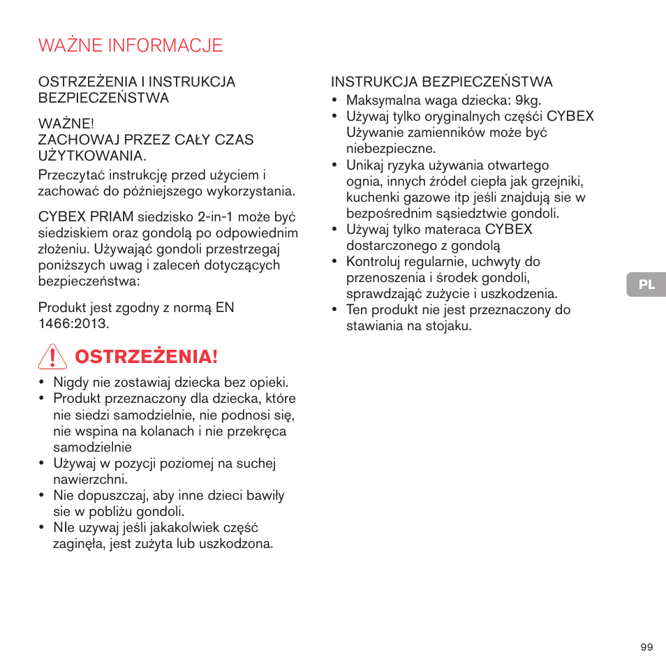Ważne informacje, Ostrzeżenia | Cybex PRIAM 2-IN-1 LIGHT SEAT User Manual | Page 99 / 169