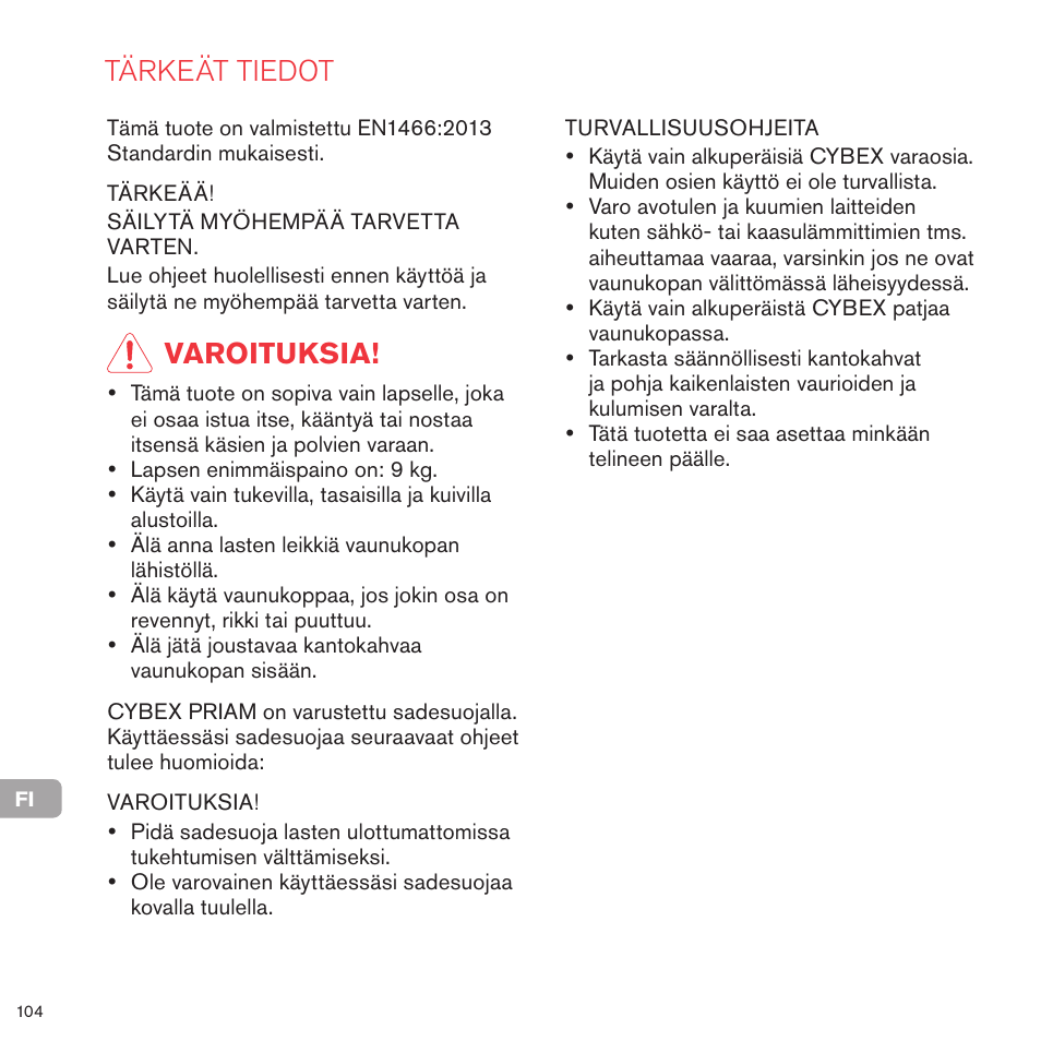 Tärkeät tiedot, Varoituksia | Cybex PRIAM CARRY COT User Manual | Page 101 / 113