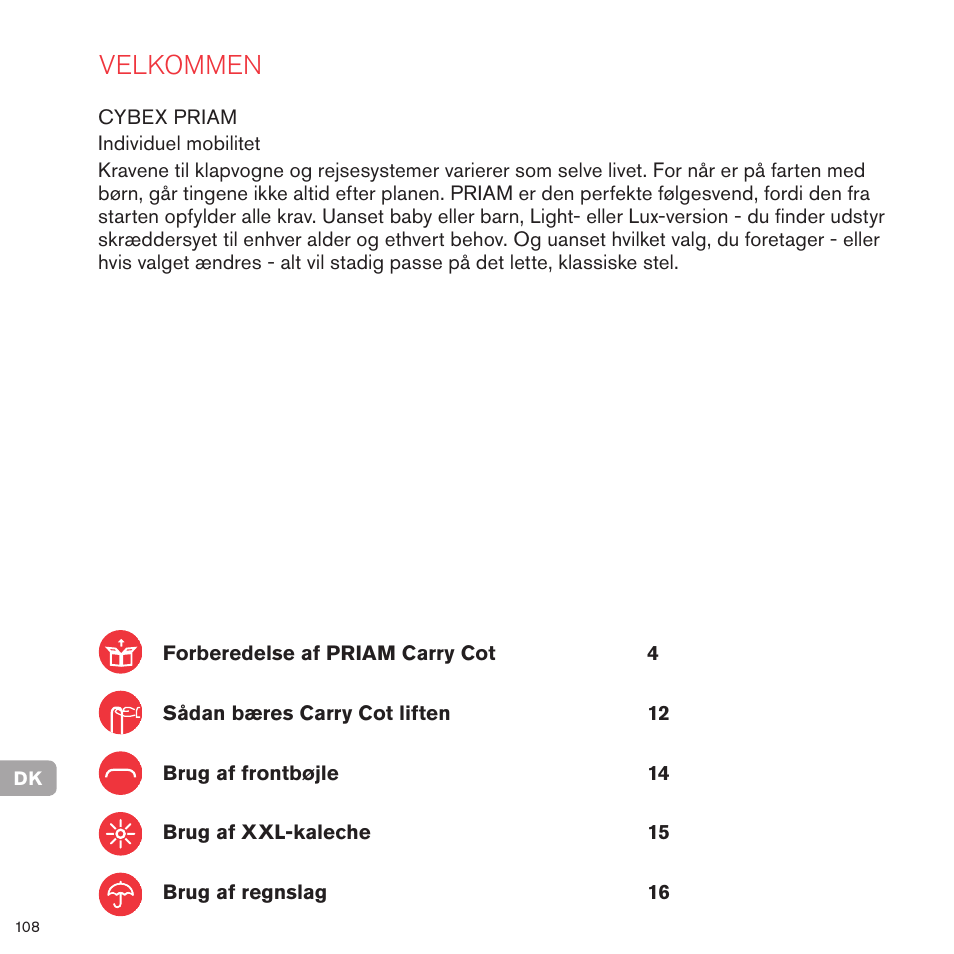 Velkommen | Cybex PRIAM CARRY COT User Manual | Page 104 / 113