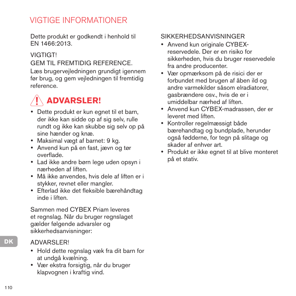 Vigtige informationer, Advarsler | Cybex PRIAM CARRY COT User Manual | Page 106 / 113