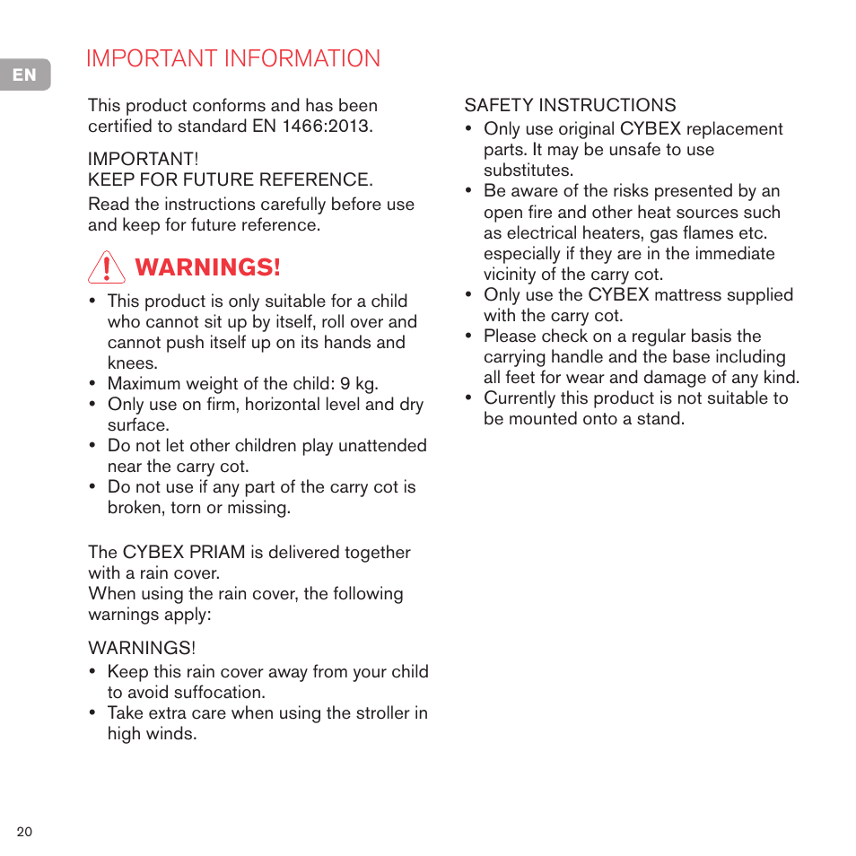 Important information, Warnings | Cybex PRIAM CARRY COT User Manual | Page 21 / 113