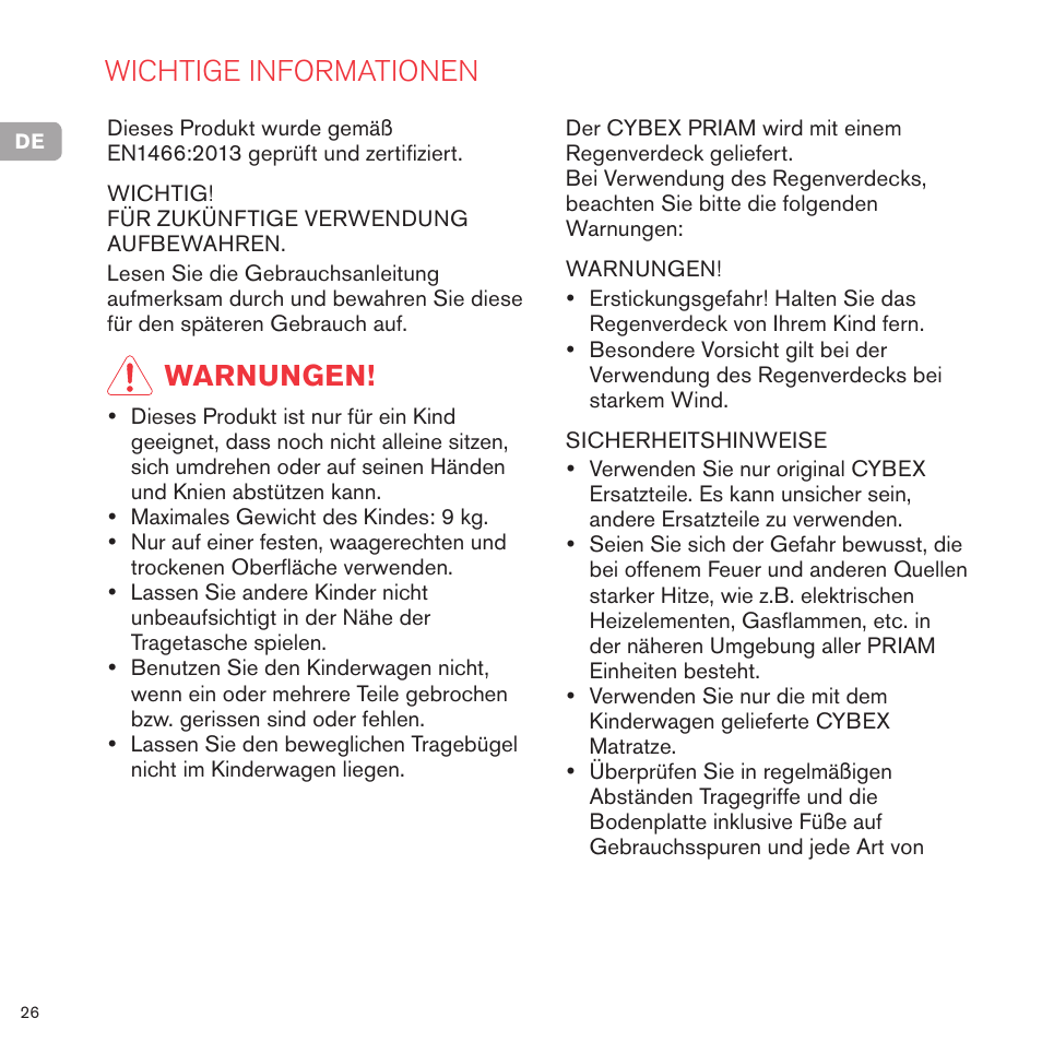 Wichtige informationen, Warnungen | Cybex PRIAM CARRY COT User Manual | Page 27 / 113